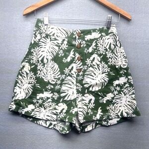 BP Nordstrom Green White Tropical Monstera Linen Blend Shorts Small High Rise